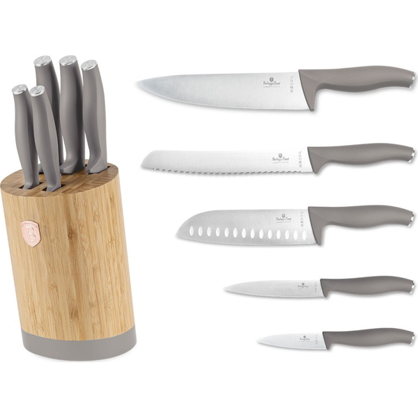 BerlingerHaus BH/2756 Taupe Collection 6 Részes Késkészlet - Bambusz Állvánnyal, Rozsdamentes Acél, Matt Taupe 