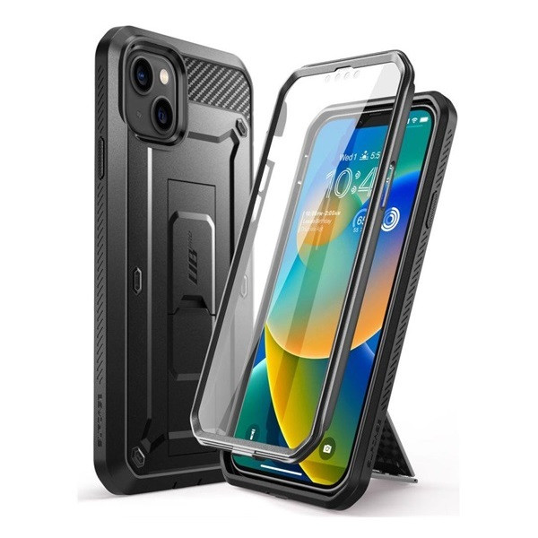 Apple iPhone 14 Plus, Műanyag hátlap védőtok + képernyővédő, közepesen ütésálló, telefontartó gyűrű, kitámasztóval, övre fűzhető, SupCase Unicorn Beetle Pro, fekete (RS130014)