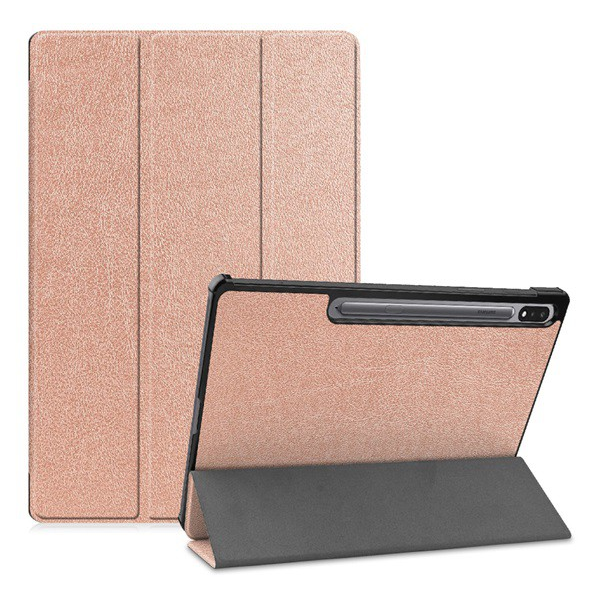 Tok álló, bőr hatású (aktív FLIP, oldalra nyíló, TRIFOLD asztali tartó funkció, S Pen tartó) ROZÉARANY [Samsung Galaxy Tab S7 FE 5G (SM-T736)] (5996591101989)