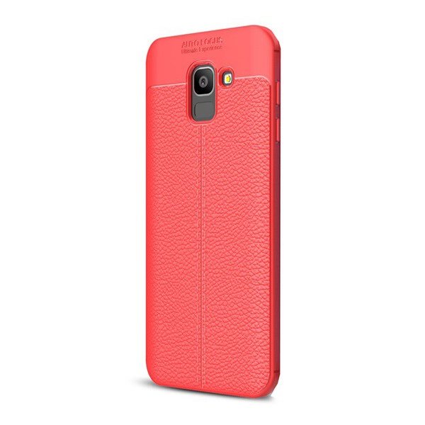 Szilikon telefonvédő (közepesen ütésálló, bőr hatású, varrás minta) PIROS [Samsung Galaxy J6 (2018) SM-J600F] (5996457781225)