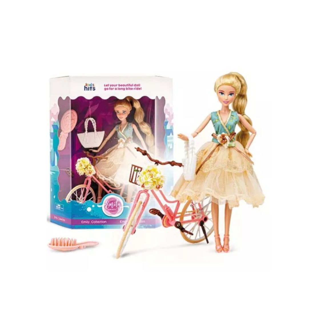 Kids Hits Emily Grace Szőke copfos baba biciklivel és kiegészítőkkel (KH23/021)