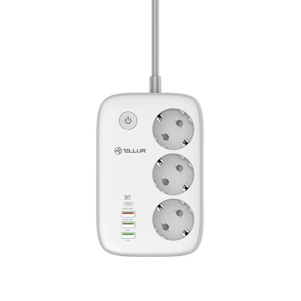 Regleta Inteligente Wifi Tellur, 3 Tomas, 2*usb 2.4a, Pd30w, Qc18w, 2500w, 10a, 2m