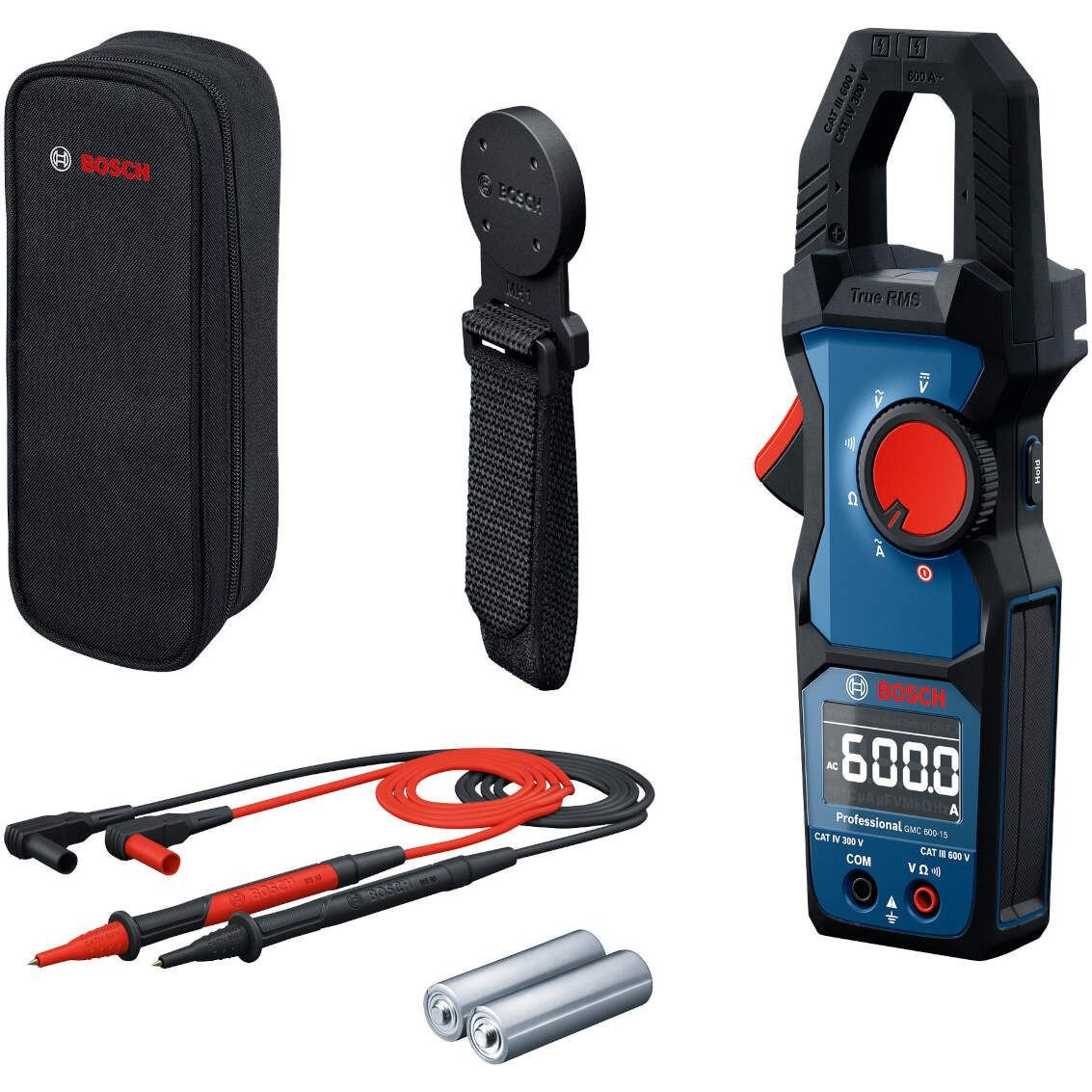 Bosch True RMS lakatfogós multiméter GMC 600-15, CAT III 600 V / CAT IV 300 V, MH 1 tartó (0601077601)