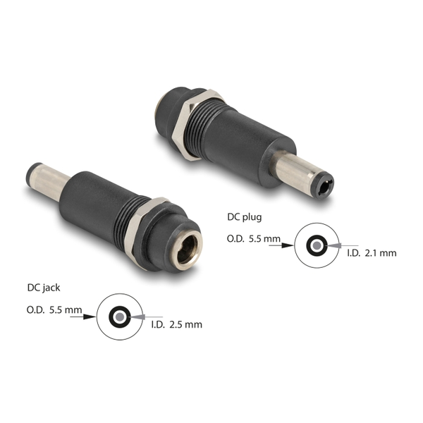 Delock Adapter, DC 5,5 x 2,5 mm-csatlakozóhüvely, DC 5,5 x 2,1 mm méretű apa