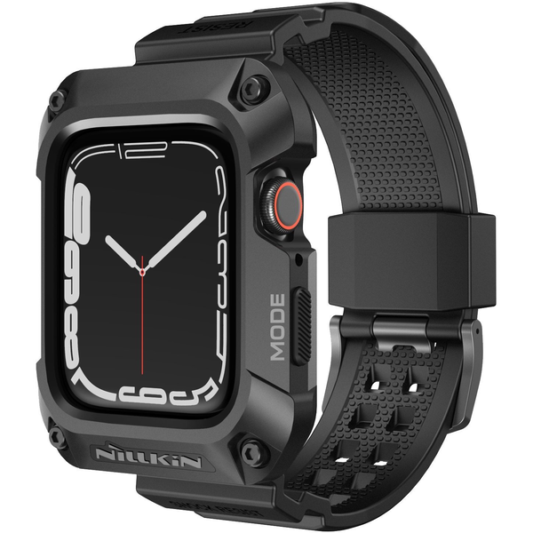 Apple Watch Series 9 45mm Nillkin Dynaguard Pótszíj Egyedi Méret, Ütésállóság + Szilikon Keret, Fekete