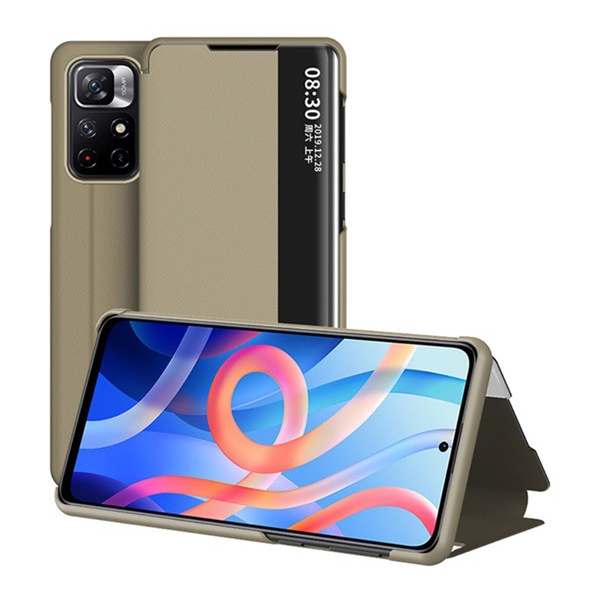 Tok álló, bőr hatású (aktív FLIP, oldalra nyíló, asztali tartó funkció, hívószámkijelzés, View Window) VILÁGOSBARNA [Xiaomi Poco M4 Pro 5G] (5996591116433)