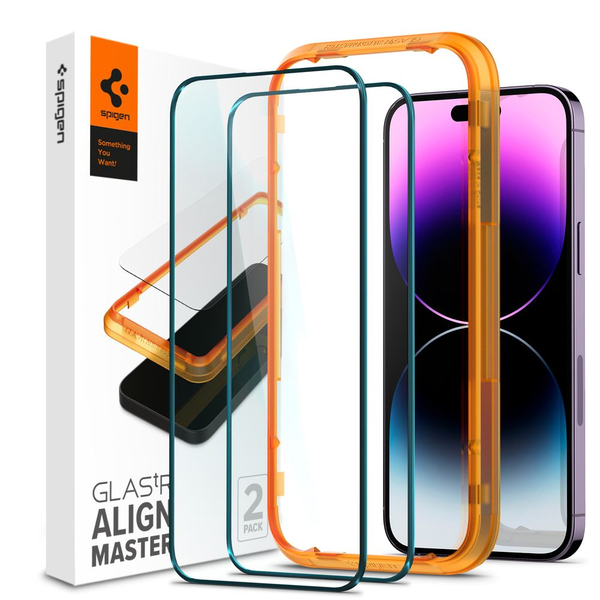 Комплект 2 стъклени фолиа със система за монтаж Case friendly Spigen ALM Glass FC compatibila cu iPhone 14 Pro Max Black