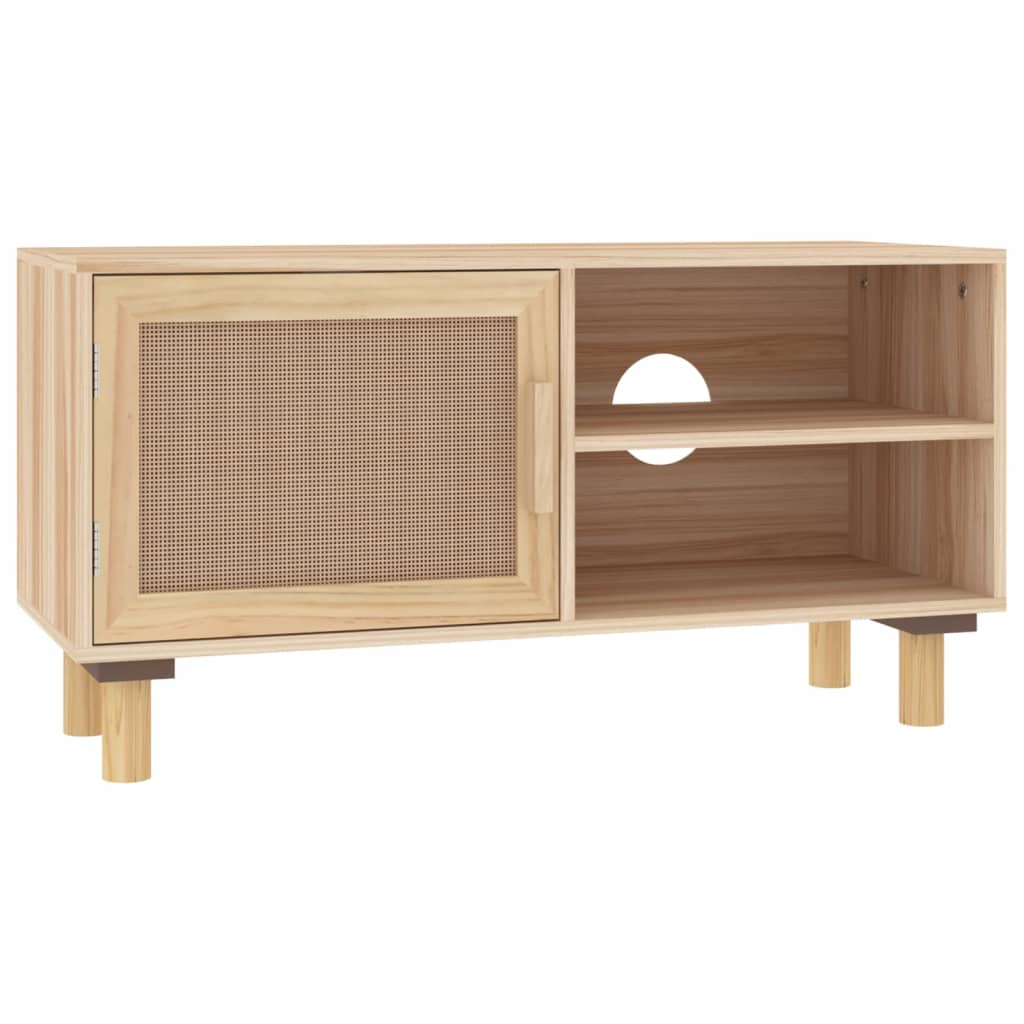 barna tömör fenyő és természetes rattan TV-szekrény 80x30x40 cm (345614)