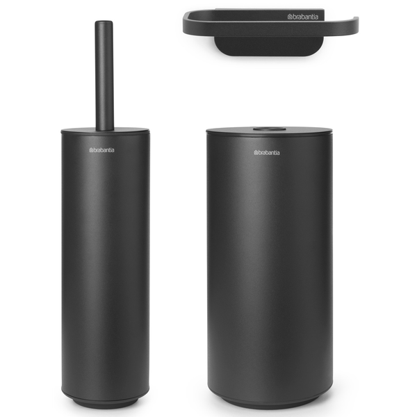 Brabantia MindSet 3db-os WC pipere csomag, sörtés fejű WC-kefe, WC-papír és tartalék WC-papír tartó, acél, határtalan szürke ásványi textúra - 303906