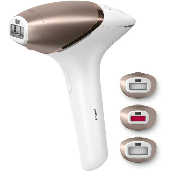 Фотоепилатор IPL Philips Lumea Series 9900 BRI973/00, Сензор Smartskin, Технология SenseIQ, Връзка с приложението с функции Skin AI, Използване с или без кабели, 450 000 импулса, Аксесоар лице, Тяло, Прецизност, Rose Gold/White