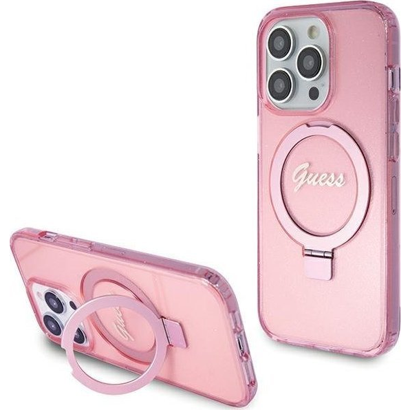 Guess Apple iPhone 15 Pro IML Ring Stand Glitter Magsafe Hátlapvédő Tok Pink (GUE003363)