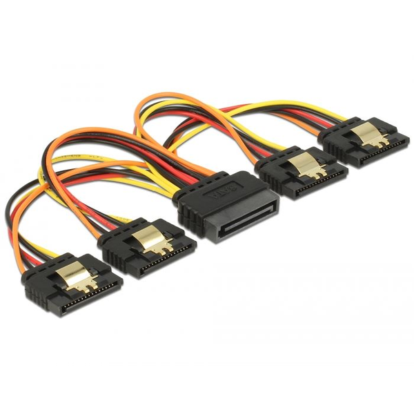 Kabel SATA 15Pin Stecker > 4x SATA 15Pin Buchse (schwarz/rot, 15cm)