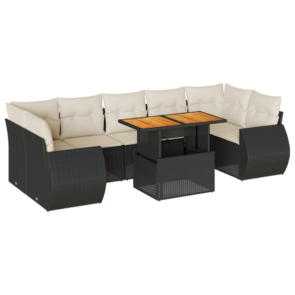 8 részes fekete polyrattan kerti ülőgarnitúra párnákkal