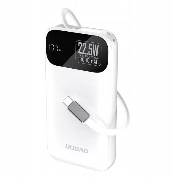 Baterie externă Dudao K31 10000 mAh 22,5 W PD cu cablu încorporat, albă