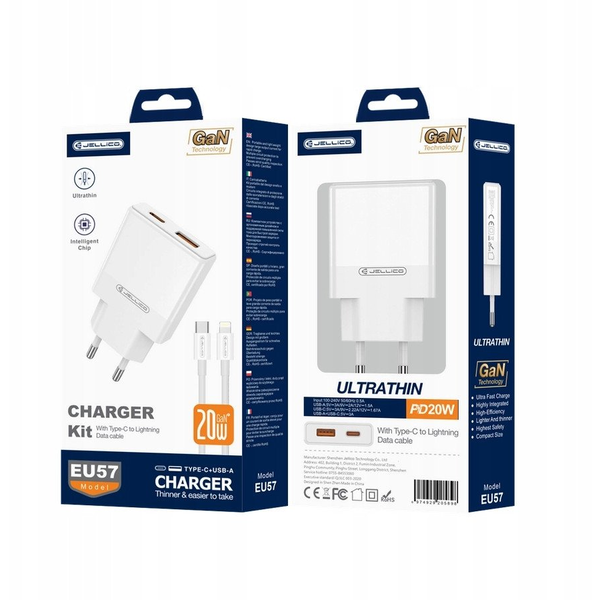 JELLICO ładowarka sieciowa EU57 PD 20W 1xUSB-C + 1xUSB QC3.0 + kabel USB-C - Lightning Biały