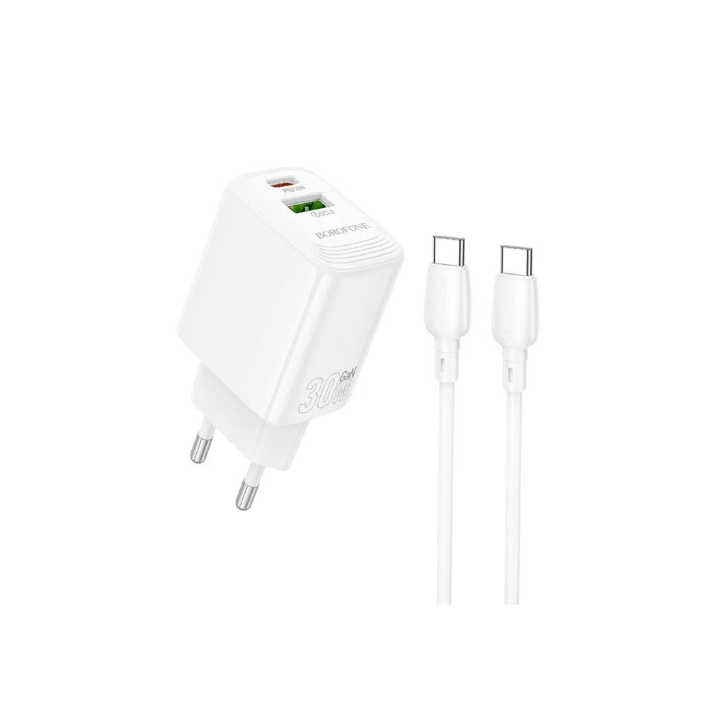 Borofone BN29 Fuente hálózati gyorstöltő (USB - Type-C) QC3.0 + PD 30W Type-C/Type-C kábellel fehér (PM037641) (PM037641)