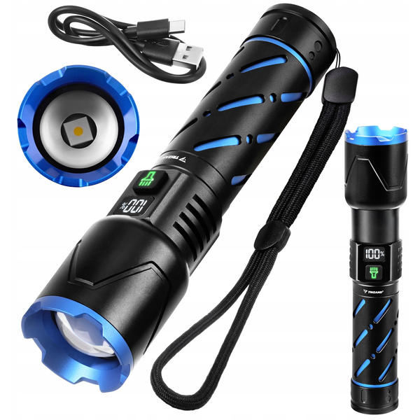 Alu. LED taktična ročna svetilka aku. 5000mAh 800lm ZOOM LCD USB