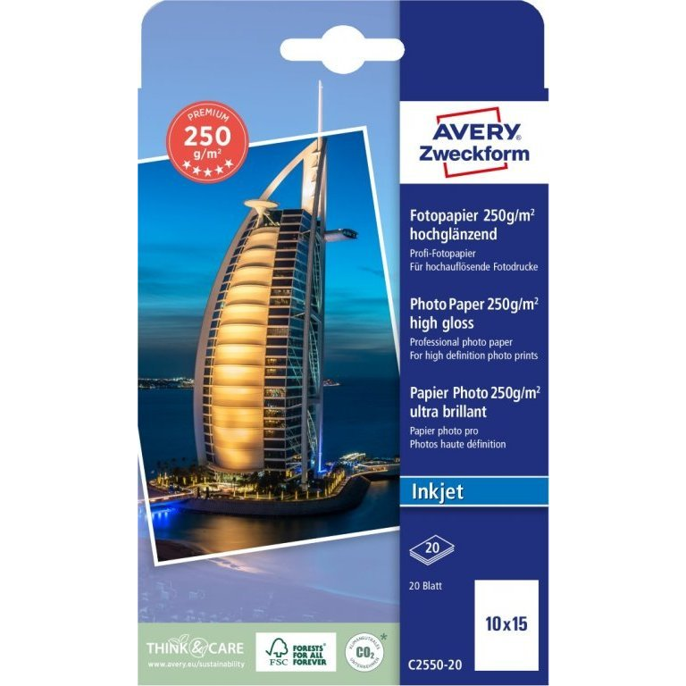 Avery-Zweckform Premium C2550-20 Fénykép papír 10 x 15 cm 250 g/m² 20 lap Magasfényű (C2550-20)
