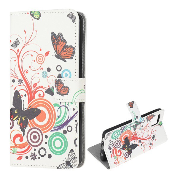 Husa pentru telefon in picioare, efect piele (Flip, deschidere laterala, functie de suport pentru desktop, fluture, model cerc), alba [Samsung Galaxy A42 5G (SM-A425F)]