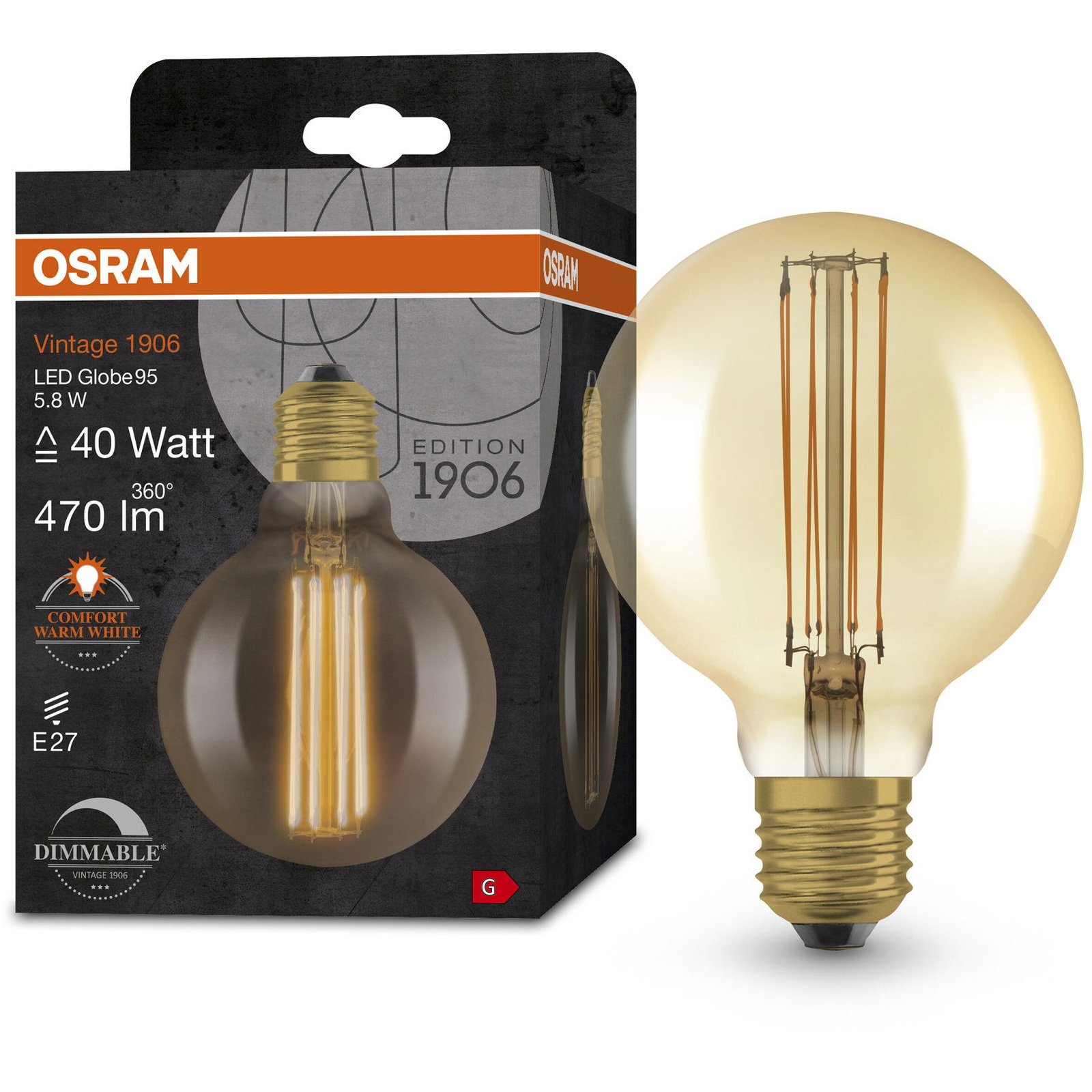 OSRAM LED izzó, aranyszínű, VINTAGE, E27, 5,8 W, GLOBE, meleg fehér (4058075761759)