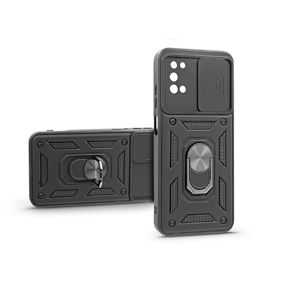 Samsung A025F Galaxy A02s/A037G Galaxy A03s ütésálló hátlap gyűrűvel és kameravédővel - Slide Armor - fekete (PT-6760)