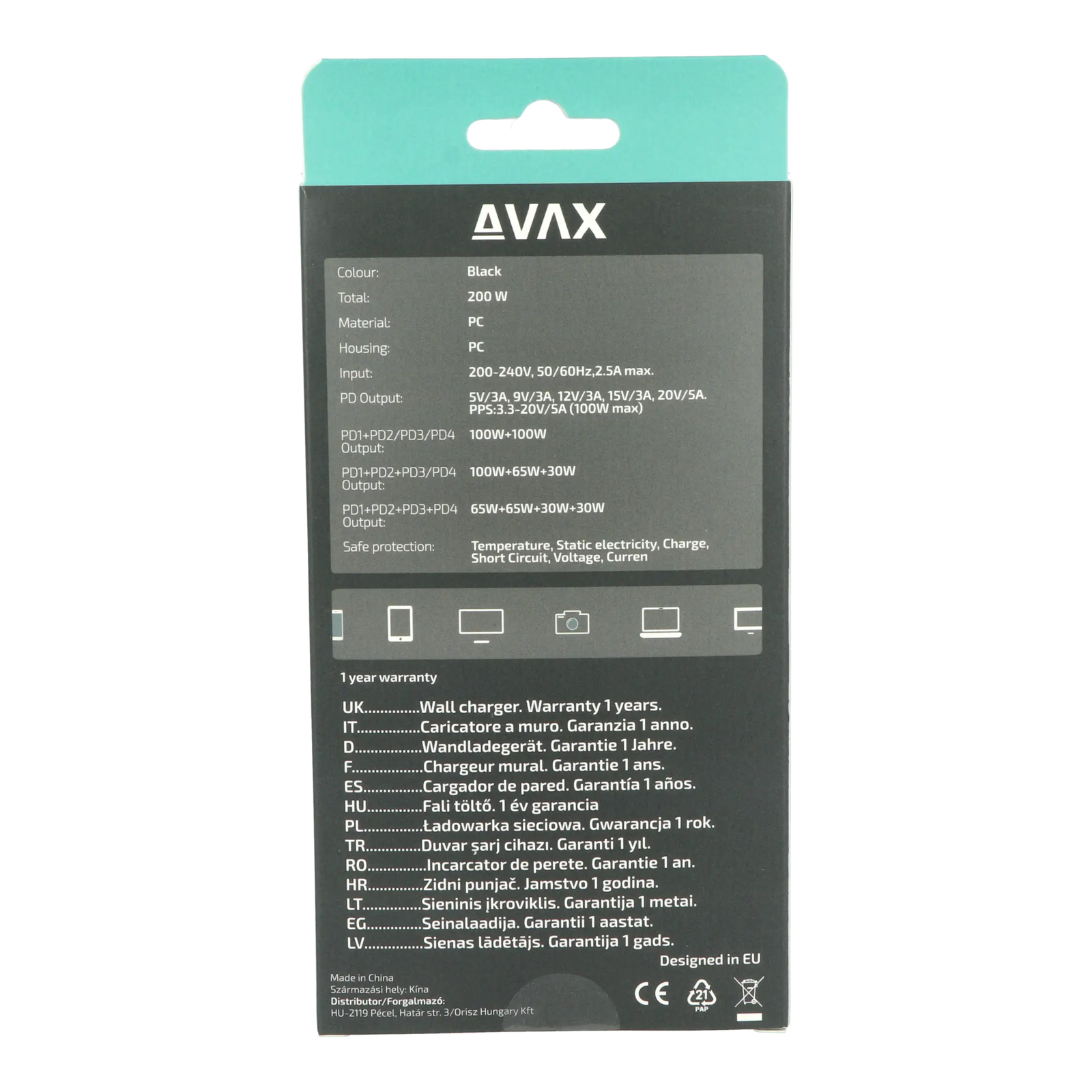 AVAX DC637 DESKY+ 4x USB Type-C GaN Hálózati töltő - Fekete (200W) (AVAX DC637)