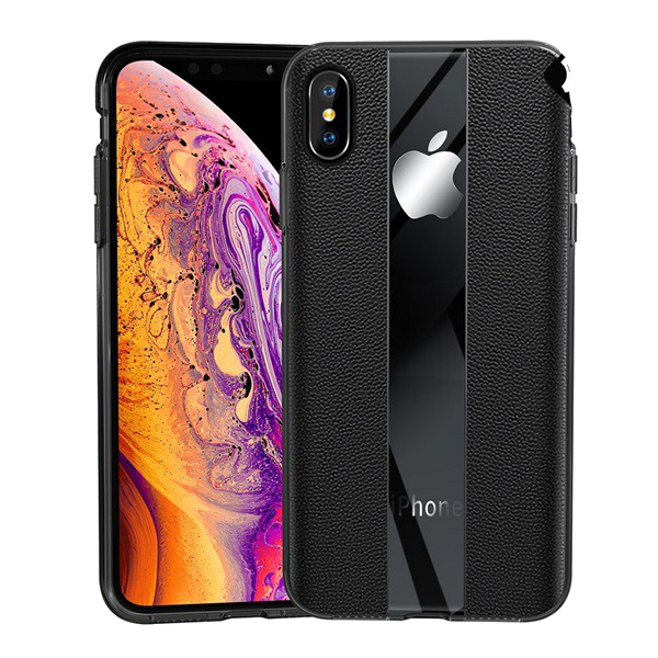 Szilikon telefonvédő (valódi bőr bevonat, csíkos) FEKETE [Apple iPhone XS Max 6.5] (5996457842667)