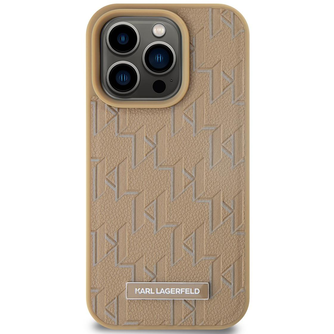 Karl Lagerfeld PU Leather Monogram Metal Logo iPhone 14 Pro Max MagSafe bézs tok (KLHMP14XPKHPORPE)