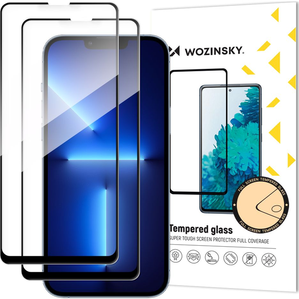 Wozinsky Set of 2x Super Durable Full Glue Tempered Glass for the Entire Screen with Frame Case Friendly iPhone 16e, iPhone 14, iPhone 13 Pro / iPhone 13 Black