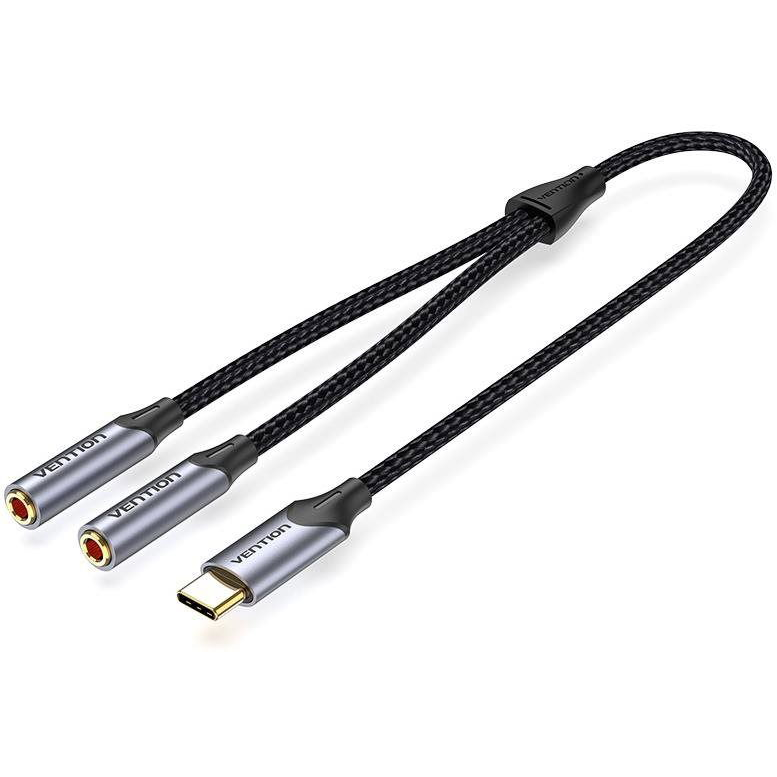 Vention USB-C Male to Dual 3.5mm Jack Earphone Adapter 0.3m Gray Aluminum Alloy Type (BGNHY)
