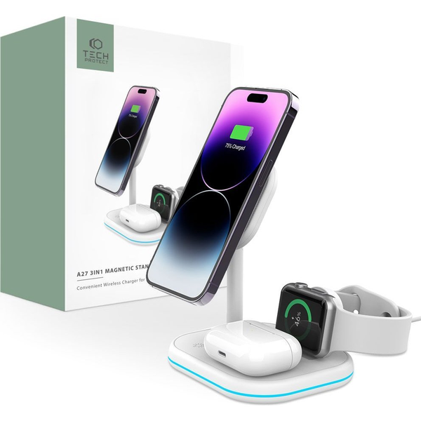 TECH-PROTECT INDUKTIVNI POLNILEC 3V1 MAGSAFE QI15W ZA IPHONE BEL