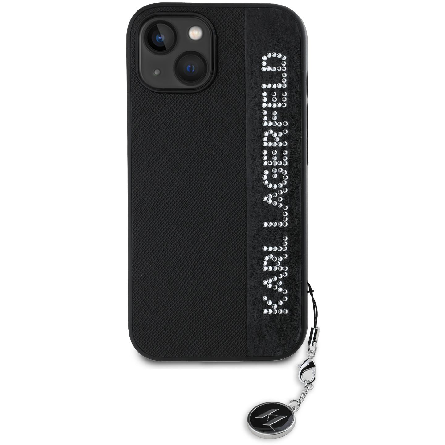 Karl Lagerfeld PU Saffiano Rhinestone Charm iPhone 15 fekete tok (KLHCP15SPSAKDGCK)