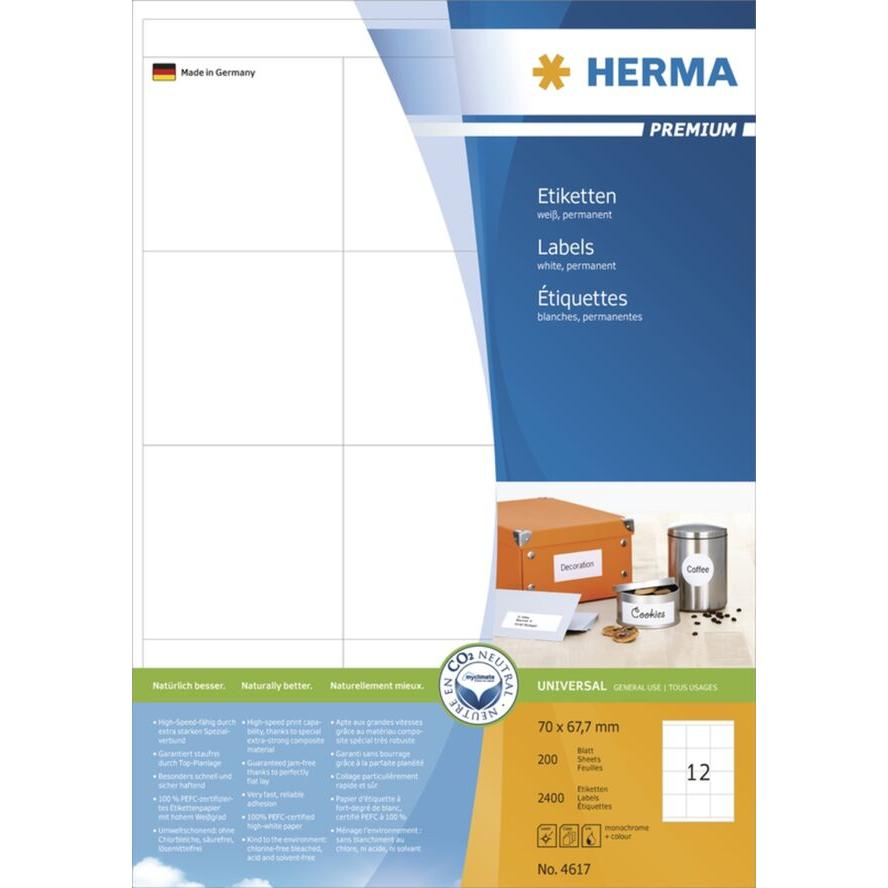 HERMA Etiketten Premium A4 weiß 70x67,7 mm Papier 2400 St. (4617) (4617)