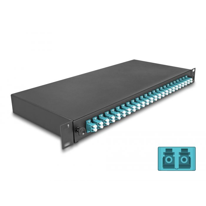 Delock 19” hosszú sínekbe rögzítéshez optikai szálösszefűző doboz, 24db LC Duplex OM3 1U, kompletten összeszerelve (67010) (delock67010)