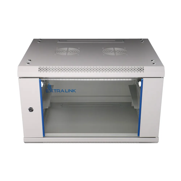 Závěsná skříňka rack 6U 600x450 šedá skleněné dveře
