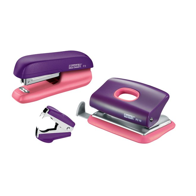 Rapid F5 Mini 10 lap kapacitású tűzőgép lyukasztó és kapocskiszedő szett - Lila/Barack (3 db-os szett) (5000372)