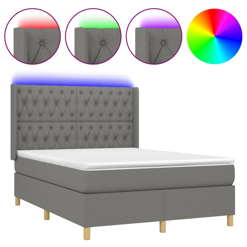sötétszürke szövet rugós és LED-es ágy matraccal 140x190 cm (3139110)