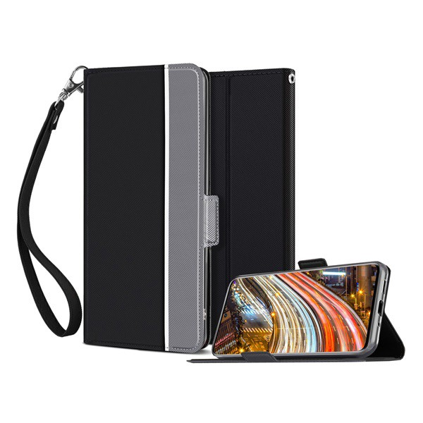 Калъф за телефон стоящ, кожен ефект (FLIP, странично отваряне, функция за поставка за маса, текстилна шарка + каишка за китка), черен [Samsung Galaxy S20 (SM-G980F), Samsung Galaxy S20 5G (SM-G981U)]