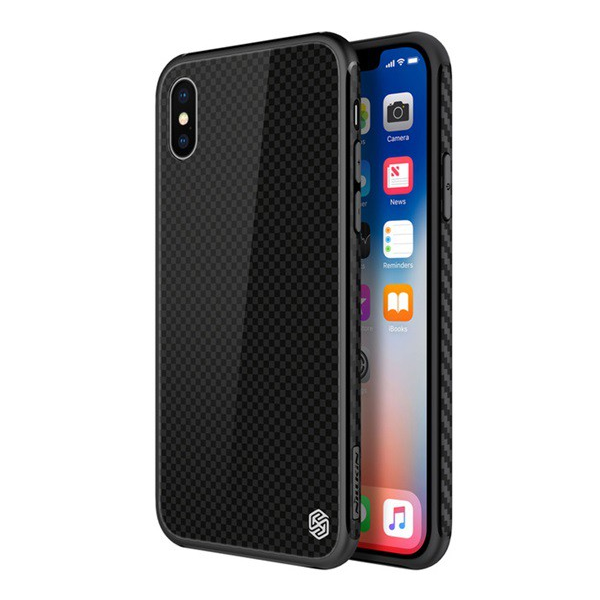 NILLKIN TEMPERED PLAID telefonvédő szilikon keret (BUMPER, edzett üveg hátlap, négyzet minta) FEKETE [Apple iPhone XS 5.8]