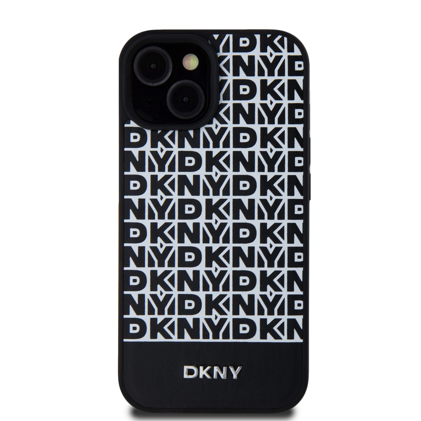 DKNY iPhone 15 MagSafe Ismétlődő mintás alsó csíkos PU Bőr Telefon tok - Fekete (DKHMP15SPSOSPK)