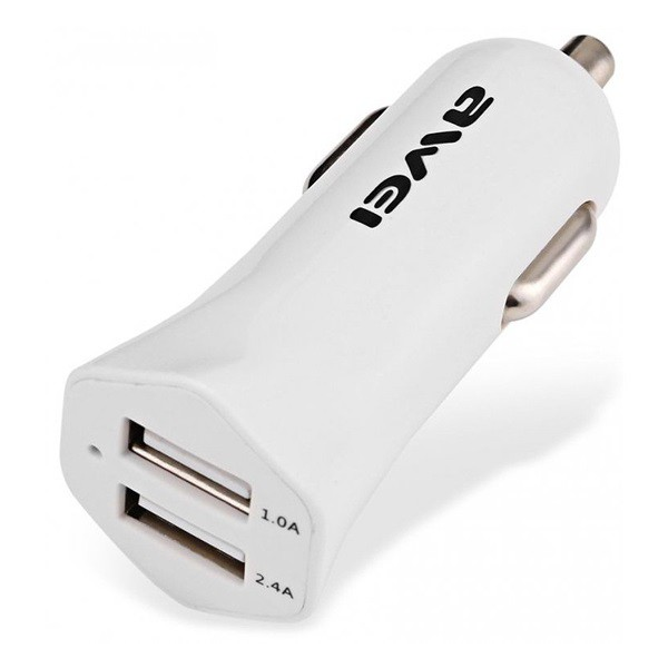 Зарядно за кола AWEI 2 x USB гнезда (5V/1000mA, 5V/2400mA, поддръжка за бързо зареждане), бяло