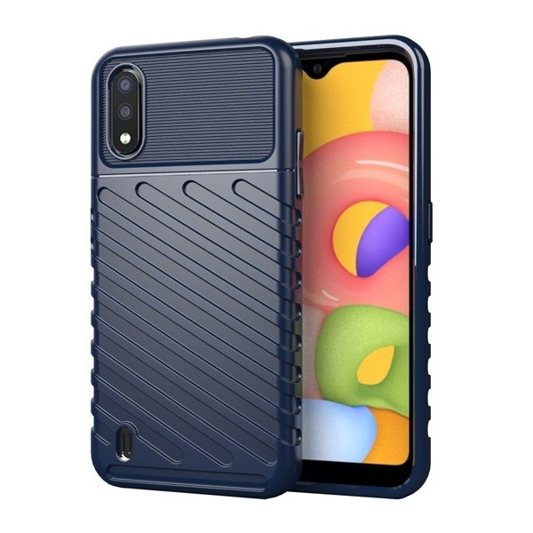 Samsung Galaxy A01 SM-A015F, Szilikon tok, közepesen ütésálló, domború csíkos minta, sötétkék (G93498)