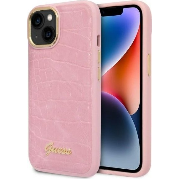 Guess Croco with Metal Camera Outline Apple iPhone 14 hátlap tok, rózsaszín (GUE2260)