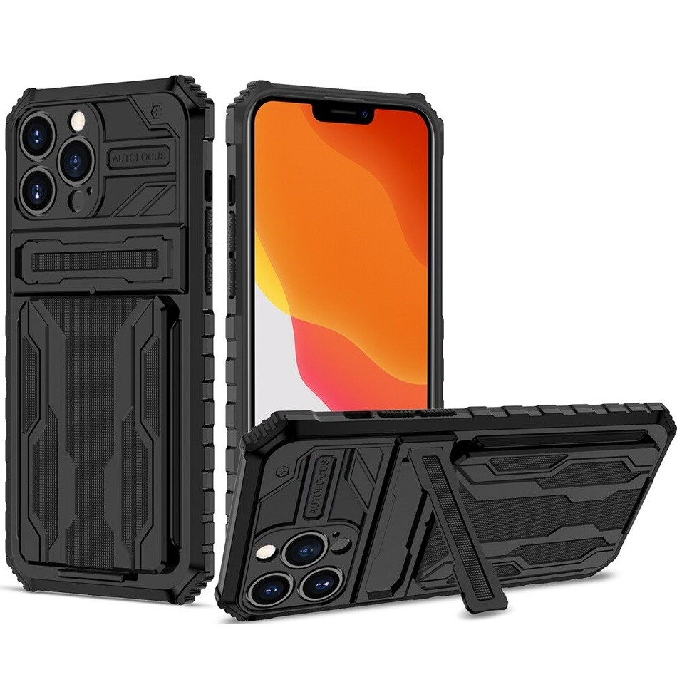 Apple iPhone 12 Pro Max, Műanyag hátlap védőtok szilikon belső, közepesen ütésálló, kitámasztóval, kártyatartóval, Wooze Transformer, fekete (127612)