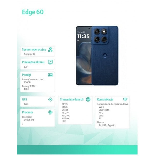 Chytrý telefon Motorola edge 60 5G 12/256GB Gibraltar Sea 120Hz