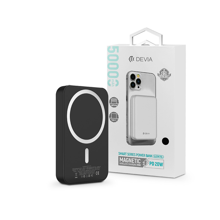 Univerzális hordozható akkumulátor töltő - Devia Kintone Series V2 PD20W Magnet Wireless Charging Power Bank - Lightning + Type-C - 5000 mAh - fekete (ST362590)