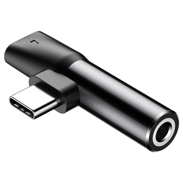Audió és töltő adapter 2in1, elosztó, USB Type-C - USB Type-C töltő + 3.5 mm jack átalakító, 90 fokos/derékszögű csatlakozó, Baseus L41, fekete (RS120662)