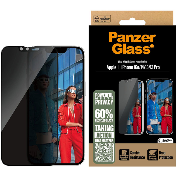 PanzerGlass ® Privacy Screen Protector iPhone 16e | 14 | 13 | 13 Pro | Ultra-Wide Fit w. Aligner Klar skærmbeskytter Apple 1 stk
