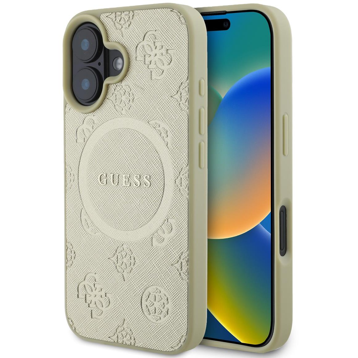 Guess Saffiano Peony Stamp iPhone 16 MagSafe aranyszínű tok (GUHMP16SPSAPSMED)