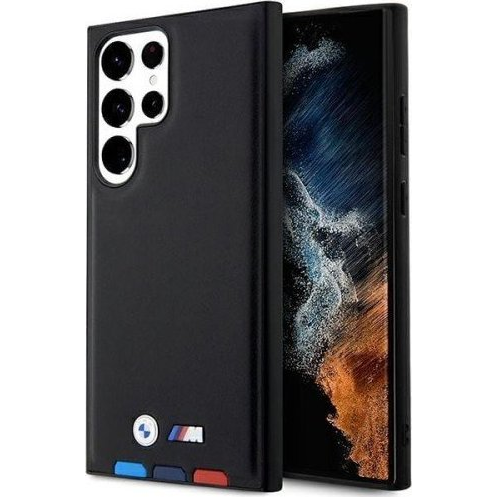 BMW Leather Stamp Tricolor Samsung S23 Ultra hátlap tok, fekete (BMW334)